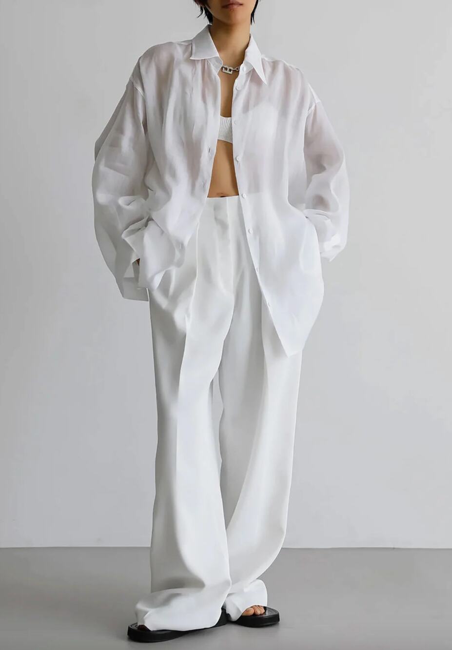The Frankie Shop | Marlow Oversized Linen Shirt in White Sheer Button Down OS
